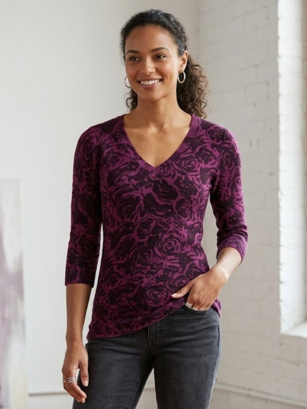 Beautiful Floral V-Neck Sweater Top Shirt‎ Purple